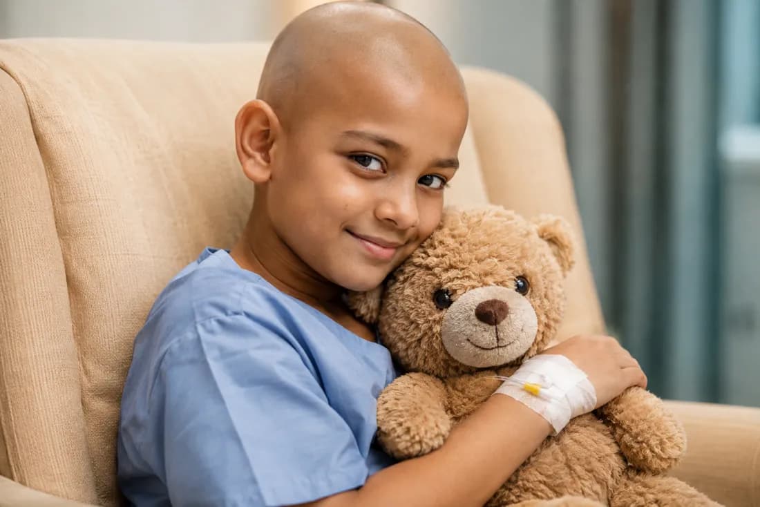 A child in a hospital gown holds a teddy bear, an IV line taped to one arm.