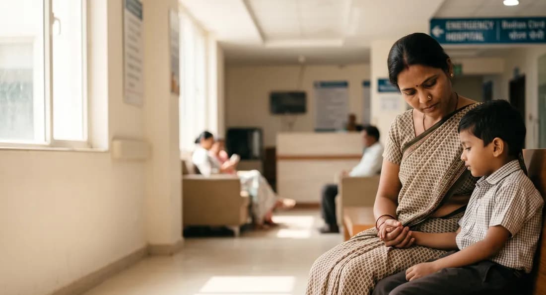 A mother and her son wait together on a bench outside a hospital ward.