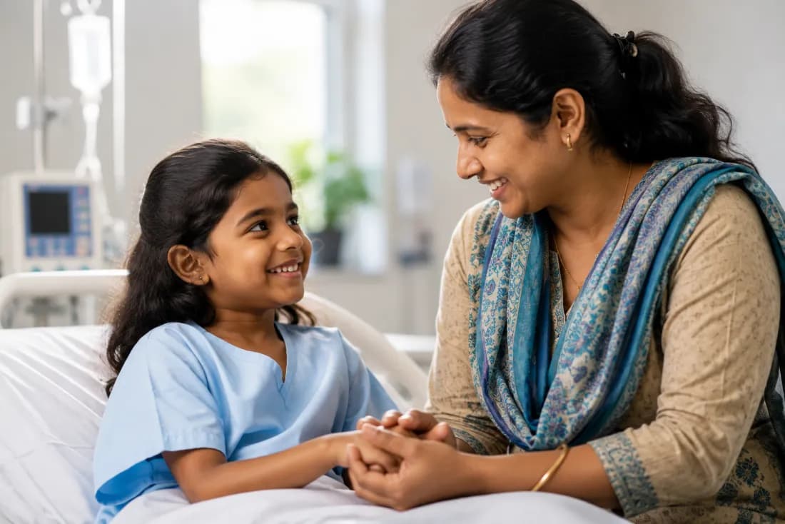 A mother and her young daughter share a smile in a hospital ward.